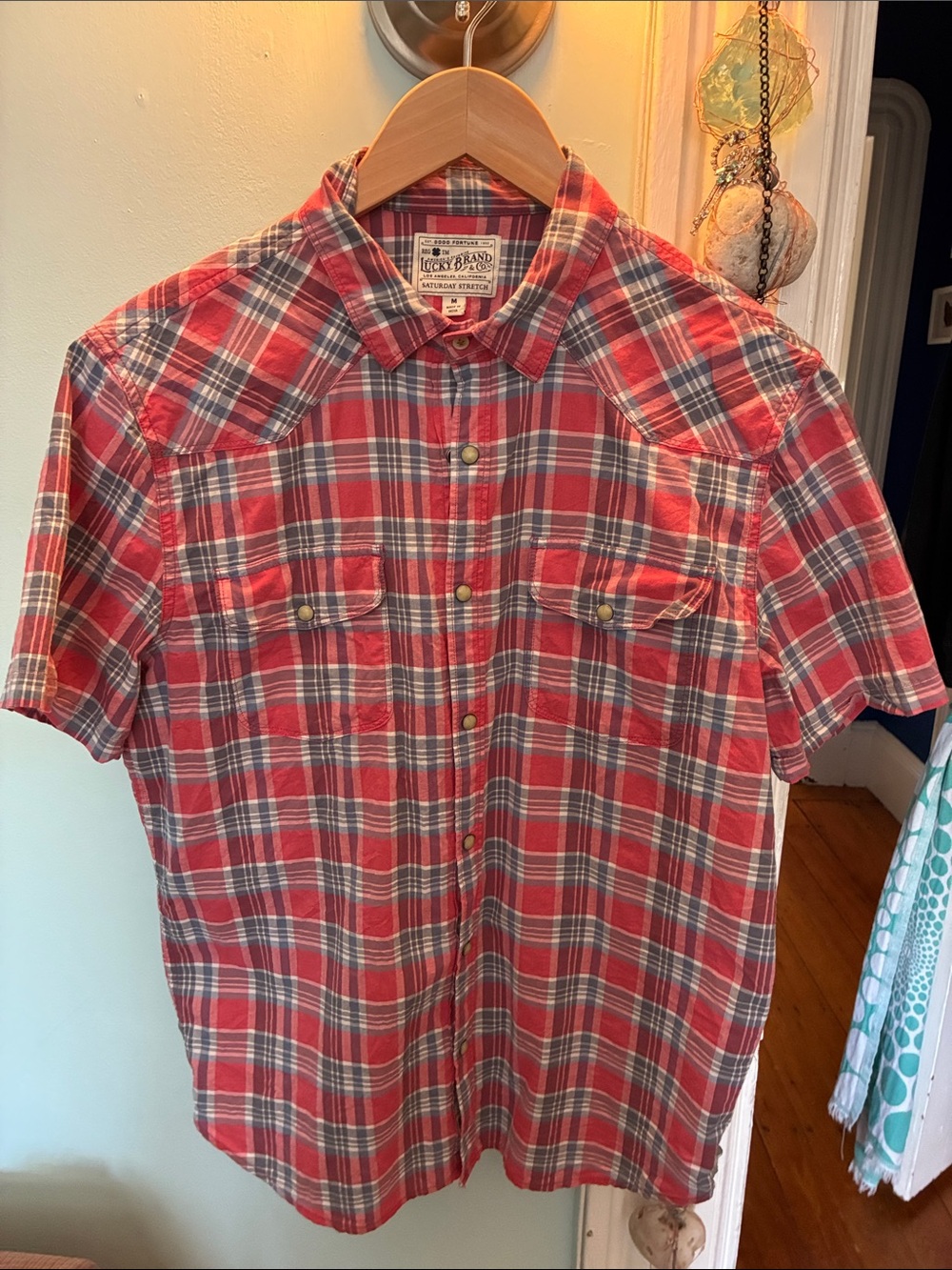 Lucky Brand Red and Blue Plaid Short-Sleeve Button-Up Shirt